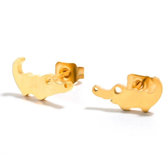 Stainless Steel Gold Alligator Stud Earrings - Picture 2 of 4